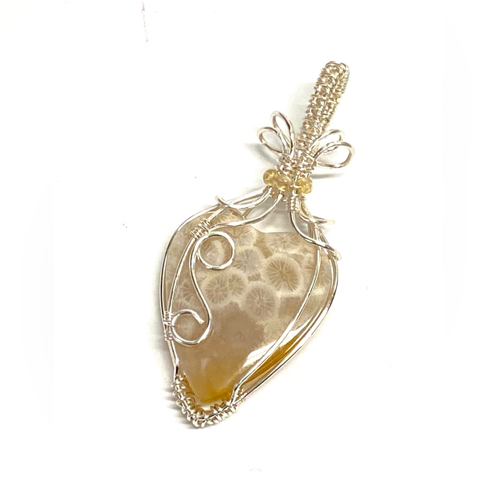 Handcrafted Coral Fossil And Citrine Hand Wrapped Heart Pendant, Gift For Her